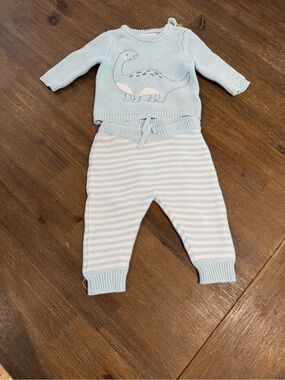 Rene rofe 0-3m Knit Dinosaur Sweater & Striped Pants Set - Light Blue